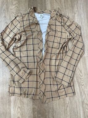 Tan open front sweater with black plaid pattern